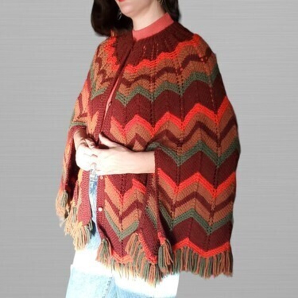 Vintage Chevron Hand Knit Poncho in Fall Colors - Earth Tones